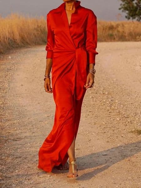 Uoozee Autumn Women Solid Color Pleated Lapel Aline Dress Robe Long Sleeves Loose Elegant Party Evening Maxi Dresses 250823BJ