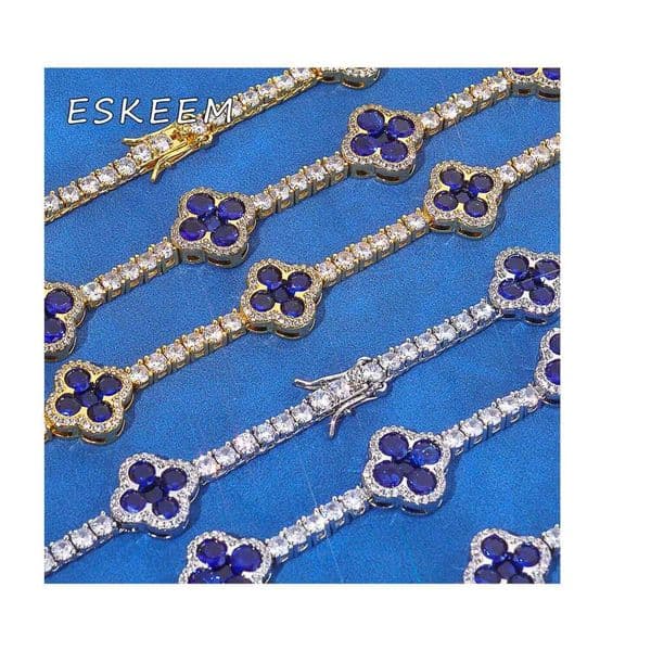 High Quality Sterling Sier VVS White Moissanite 3mm Tennis Chain Blue Clover Bracelet & Necklace Shining Brilliant Jewelry