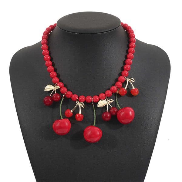Cute summer beaded cherry pendant necklace Exquisite Luxury Necklace for Women Girl Jewelry Silver Pendant Necklaces Valentine's Day Birthday Gift