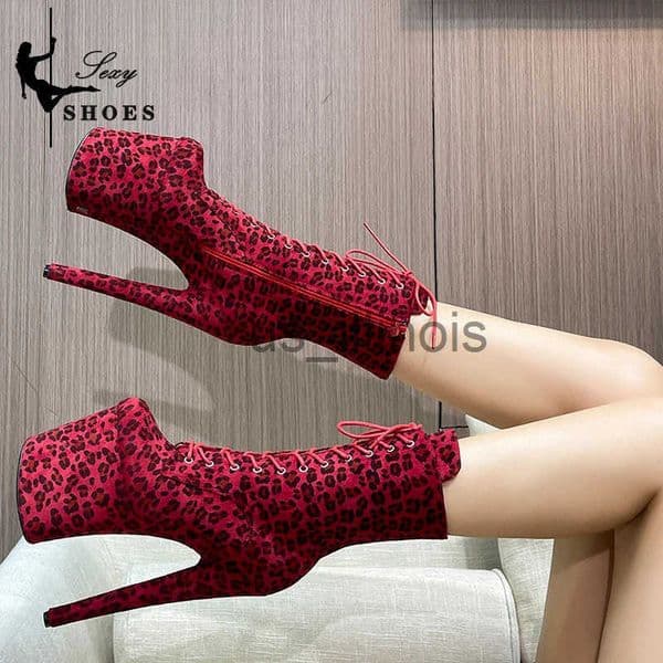 WOMEN ANKLE BOOTS Leopard Print Flock Boots 20cm/8In High Heels Sexy Ankle Boots Pole Dance Le-up Side Zip Platform Heels J250822