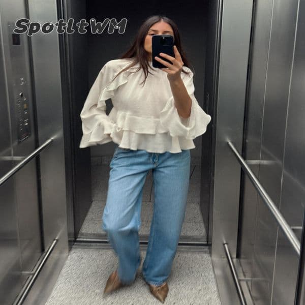Fashion Temperament Women Ruffle Edge Blouse Chic Stand Up Collar Long Sleeved Shirt Top Spring Elegant Lady Short Tops 250823BJ