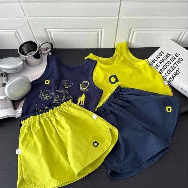 A1047 Double-sided Letter Printing Kids Sleeveless Suit Sports Casual Loose Two-piece Summer Sports Quick-drying Suit