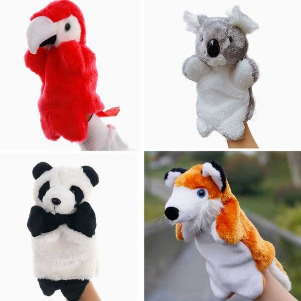 25cm Kawaii Animal Panda Parrot Fox Koala Stuffed Plush Hand Puppets Educational Toys For Family Playgame Time Doll 250825BJ
