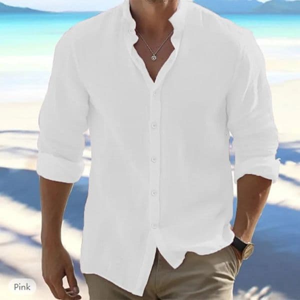 Mens Long-Sleeved Cotton Linen Summer Beach Style Shirts Solid Color Casual Versatile Stand-Up Collar Shirt Male Top 250825