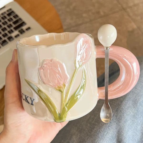 Creative Tulip Ceramic Cup with Handle Spoon Mugs Coffee Cups Milk Breakfast Drinking Tea Friends Birthday Gifts 250825BJ