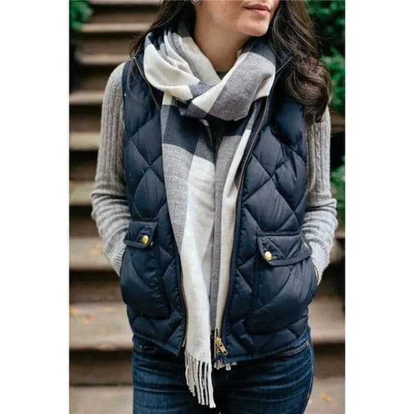 Warm Vest Solid Color Vest For Women Stand Collar Warm Padded Zipper Up Side Pockets Quilted Puffer Wild Fashion Vest 250825