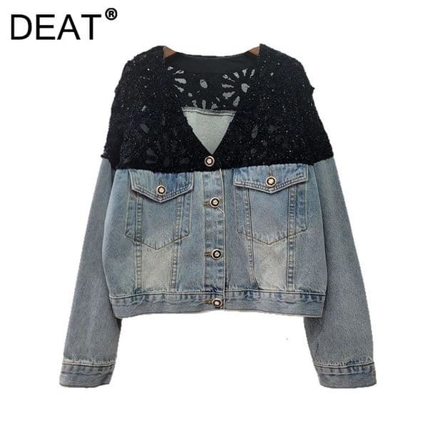 DEAT Womens Denim Jackets Vneck Patchwork Sequins Long Sleeve Perspective Shoulder Coats Summer Fashion 29A968 250825BJ