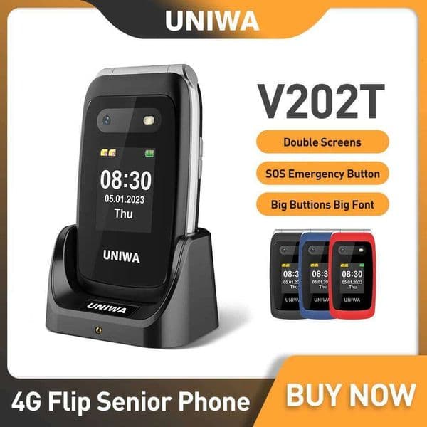 UNIWA V202t 4G Flip Senior 2.4 Inch Dual Screen Emergency Call Button Feature Phone 1450Mah Big Push-Button For Elderly