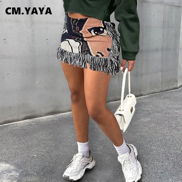 CM.YAYA Spring Casual Fashion Pattern Tassel Mini Short Skirt Slim Print Street Female INS Classic Womens Skirts 250825BJ