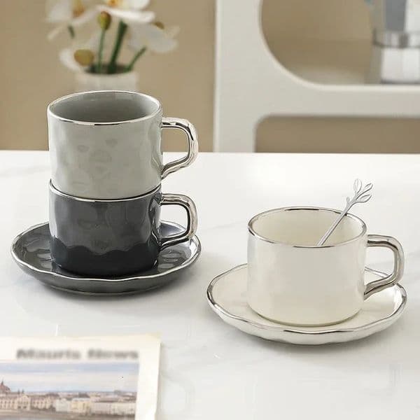 230ml European Style Coffee Cup with Saucer and spoon Ceramic mug Solid Color Tea Set Afternoon Milk 250825