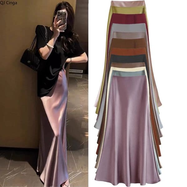 French Style Chic Womens Acetic Acid Satin Flowy High Waist Hip Hugging Skirt for Spring/Summer Fishing Tail Skirt A-line Skirt 250825BJ