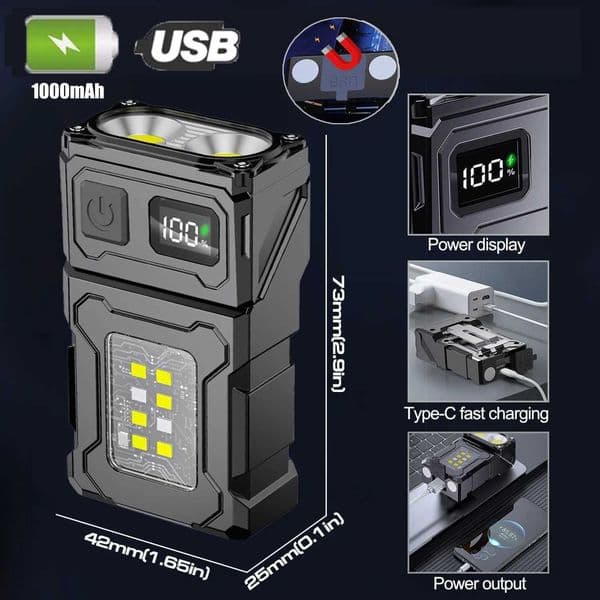 High Power Mini LED EDC Flashlight COB 1200mAh USB Rechargeable Torch Lamp Portable Magnetic Digital Display Work Light Y250826