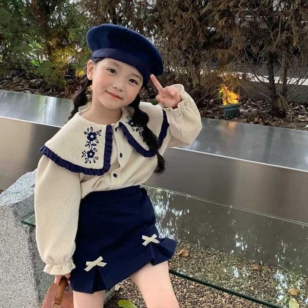 2-Piece Outfit Set for Girls - Floral Embroidered Lapel Shirt + Matching Skirt Baby Girl Spring/Summer Clothes XJ250815