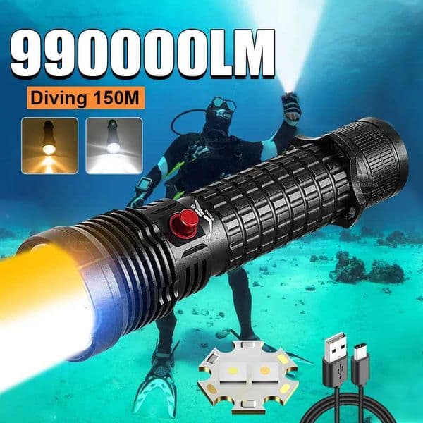 990000LM New Professional Diving Flashlight Rechargeable IPX8 Dive Torch Builtin Battery Underwater Lantern Diving 150M Lamp Y250826