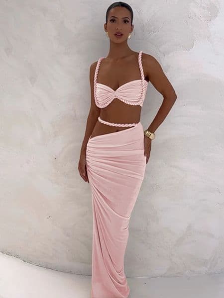 Weird Puss Square Collar 2 Piece Set Women BraSkinny Long Skirts Bandage Ruched 2025 Summer Vacation Beach Party Trend Suits 250825BJ