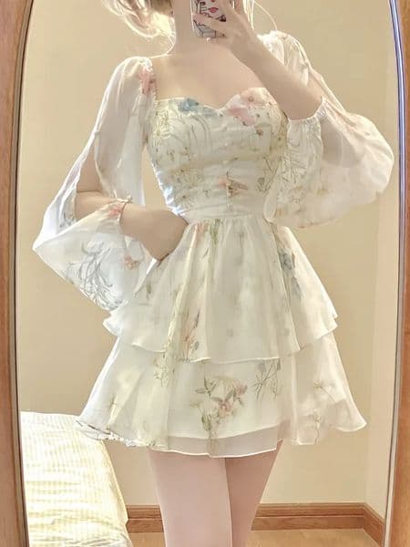 French Elegant Floral Mini Dress Chiffon Long Sleeve Evening Party Dress Women Holiday Beach Boho Fairy Dress Korean Robes 250826