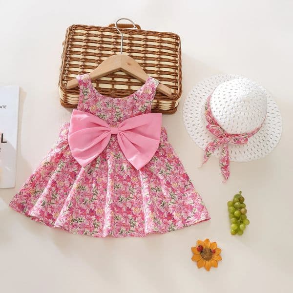 Summer 2Piece Baby DressSun Hat Bow Strap Floral Girl Dress Soft And Comfortable ChildrenS Clothing 250825BANJIA