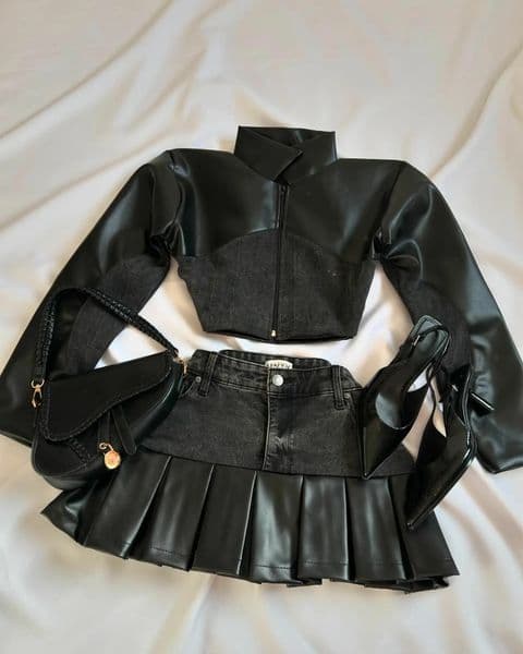 Y2K Leather Spliced Denim Black Two Piece Set Women Harajuku Gothic Long Sleeve Zipper Jacket Mini Pleated Skirt Autumn Jacket 250825BJ