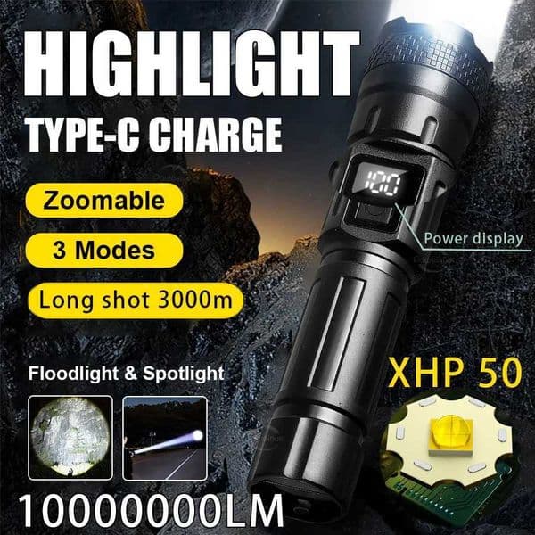 High Strong Power Rechargeable LED Flashlights Tactical Torch Light with Display Light Camping Fishing Emergency Zoom Lantern Y250826