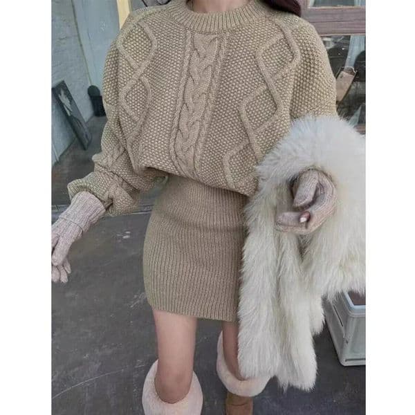AutumnWinter Retro Loose Long Sleeve O Neck Short Knitted Dresses Elegant Women Sweater Dress Casual Woman Knitwear 250825BANJIA
