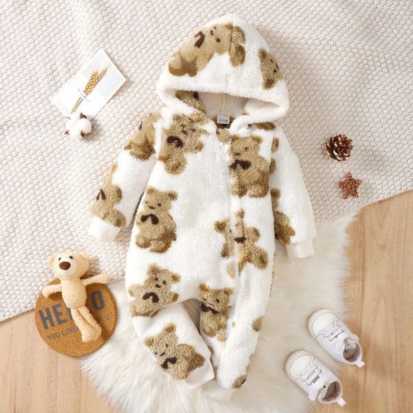 Winter baby girl fashionable casual cute cartoon small bear pattern slanted zipper hooded long sleeved plush jumpsuit 250825BANJIA