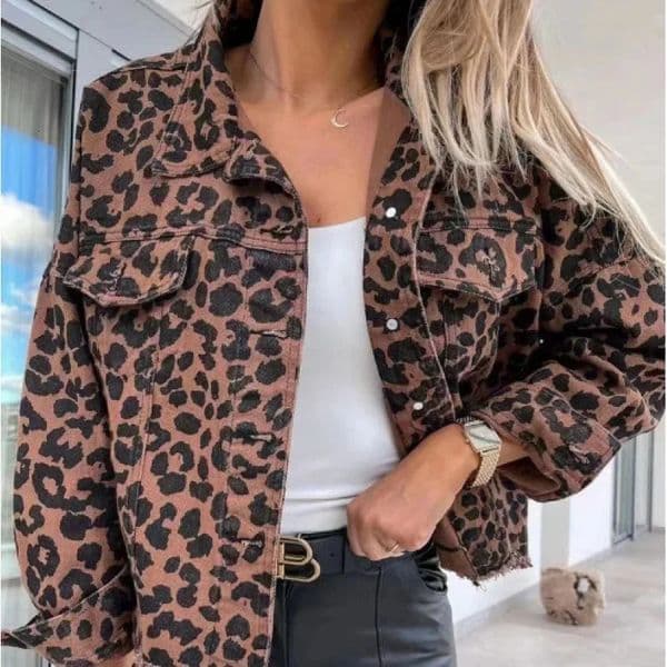 Washed Vintage Leopard Print Distressed Denim Jacket Womens CrossBorder Fashion Outerwear Loose Fit Casual Style 250826