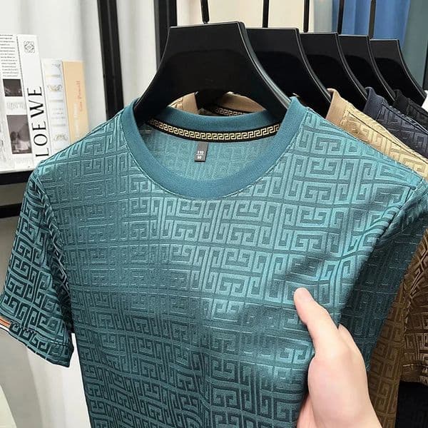2025 Mens Fashionable Jacquard Short Sleeved Round Neck Tshirt Casual and Comfortable All Season Versatile Top 250825BANJIA