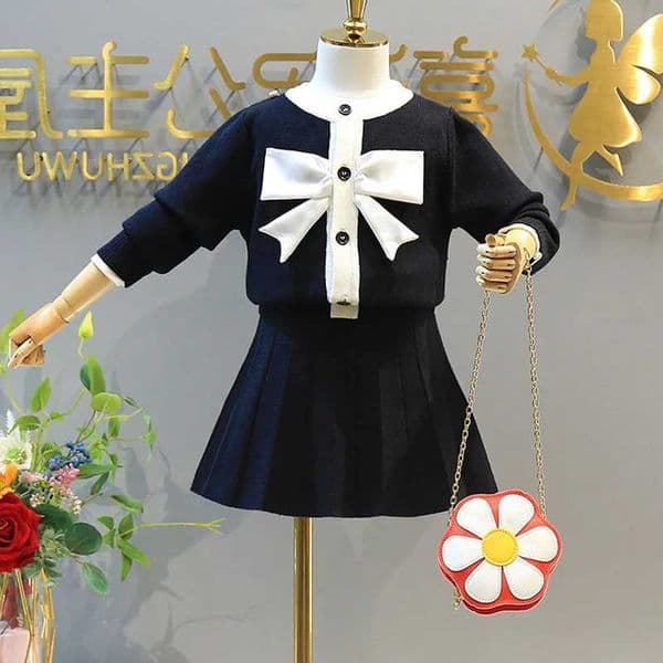 2023 New Girls Autumn Kids Clothing Sets Knitted Casual Long Sleeved Top Girl Sweater + Pleated Short Skirt Children Clothes SuitXJ250815