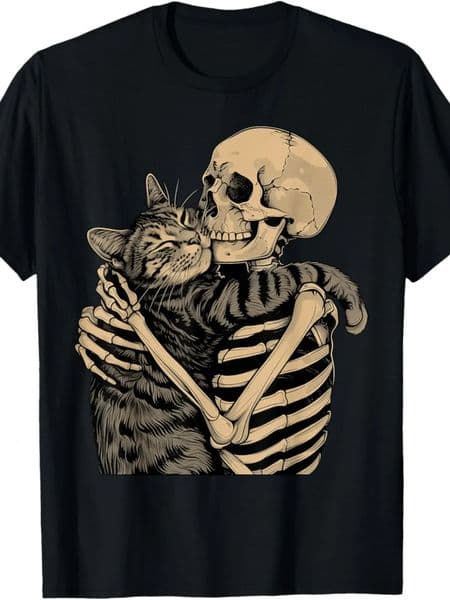 Skeleton Hugging Cat Graphic TShirt Crew Neck Tee Casual Printed Top Perfect for Cat Lovers Women Clothing 250825BJ