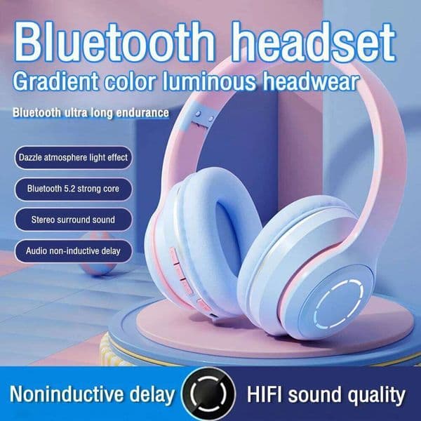 Headphone Bluetooth 5.2 Wireless Music Headset Gradient Color LED Light With Mic Gamer Earphone Kids Lovely Christmas Gifts