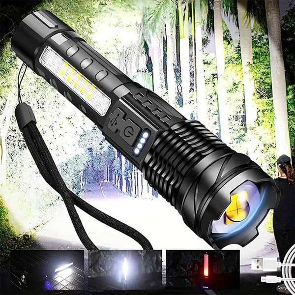 50 High Power LED Flashlight Tactical COB Side Light Zoomable Torch Aluminum Alloy USB Rechargeable Waterproof SelfDefense Y250826