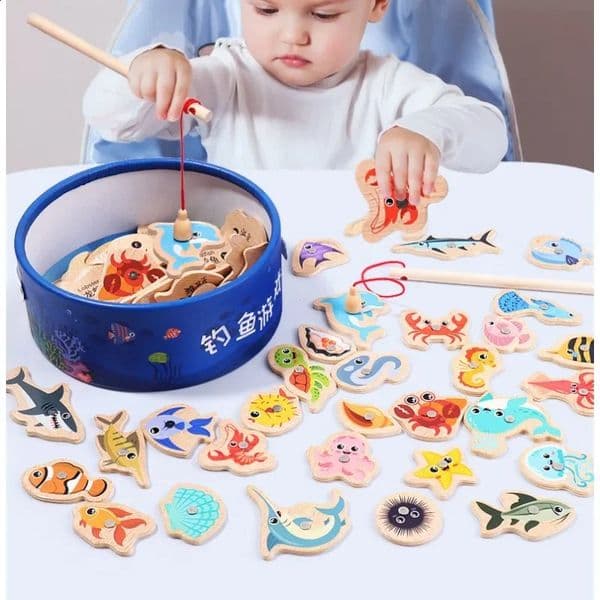 Montessori Wooden Fishing Toys For Children Cartoon Marine Life Cognition Fish Games ParentChild Interactive Educational Toy 250826BANJIA