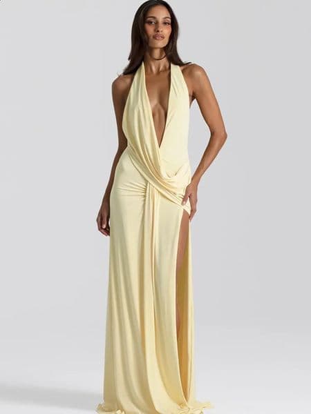 Mozision Halter Deep V Neck Backless Sexy Maxi Dress Women Gown Fashion Irregular Sleeveless Thigh High Split Club Party Dresses 250827BJ