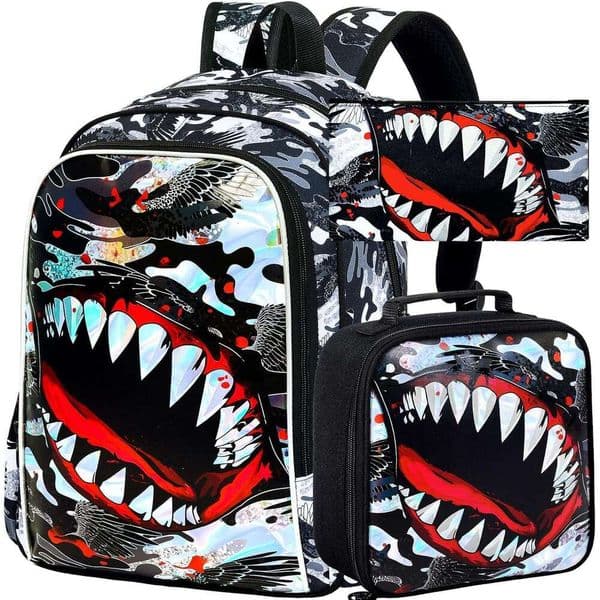 FTJCF 3Pcs Backpack Boys, 16" Shark Kids Bookbag with Lunch Box, School Backpacks for Elementary Preschool Kindergarten (Black) 123