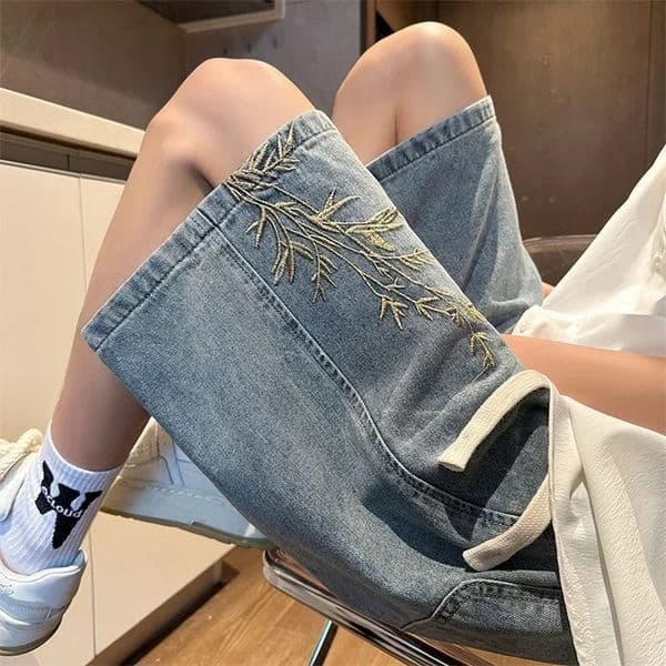 Summer Y2K Baggy Jorts For Men 2025 Embroidered Short Jean Pants Vintage Wide Leg Bermuda Hip Hop Streetwear Denim Shorts 250826BJ