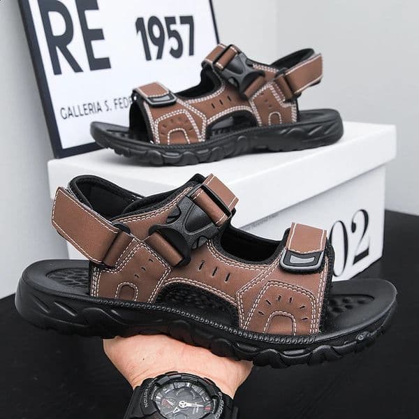 Summer Men Sandals PU Leather Lightweight Open Toe Flat Mens Casual Shoes Outdoor Walking for Beach Size 39 250820