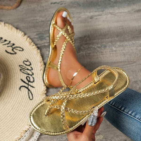 Womens Braided Flat Sandals Casual Clip Toe Summer Shoes Lightweight Elastic Band Gold Silver Footwear 250820