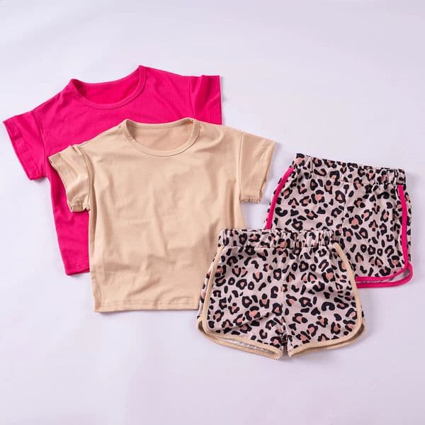 Children Leopard Print Outfits Fashion Summer Sports Suit Solid Color Top Shorts Casual Set Fashionable Daily Wear 250826BANJIA