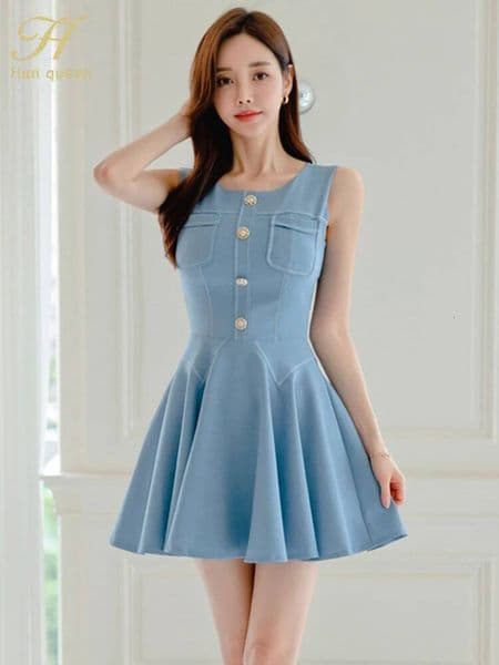 H Han Queen Summer Clothing Elegant Party Dresses 2024 Sleeveless Fashion Simple A-Line Vestidos Casual Office Short Dress dongdumaoyi