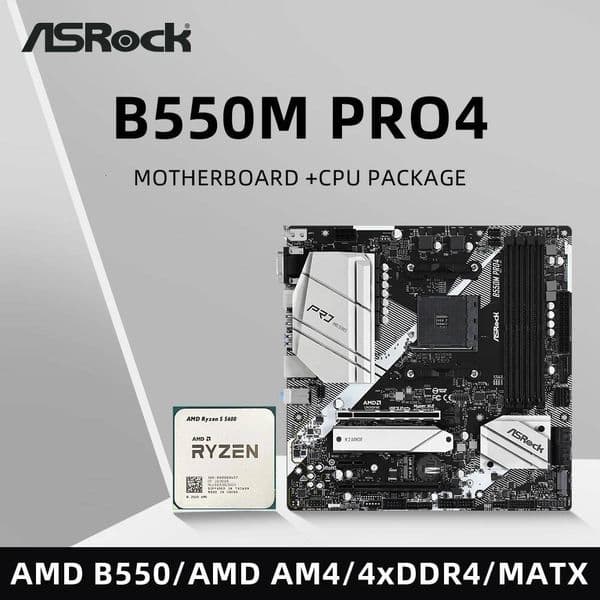 ASRock B550M PRO4 Motherboard Set Kit with Ryzen 5 5600 CPU 4xDDR4 M.2 NVME HDMI AMD B550 Support 5700x3D mATX AM4 Mainboard