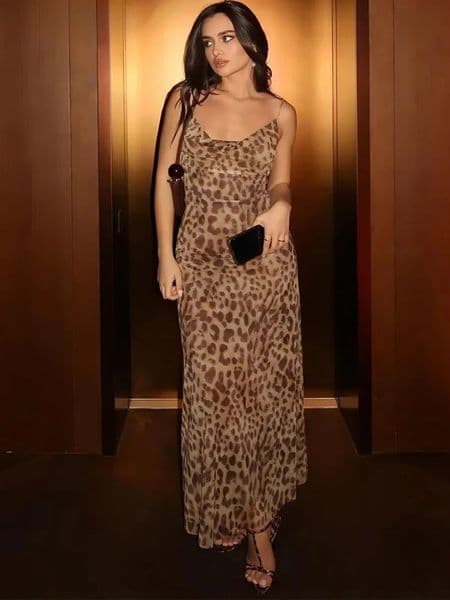Mooyufon Leopard Print Dress Woman Summer Sexy Swing Collar Spaghetti Straps Backless Ruffles Party Clubwear Skinny Vestidos 250815