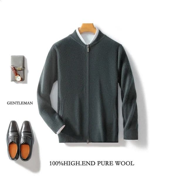 100 Pure Wool Sweater Autumn Winter Solid Color Mens Zipper Cardigan Knitted Thickened Warm Coat 250827BANJIA