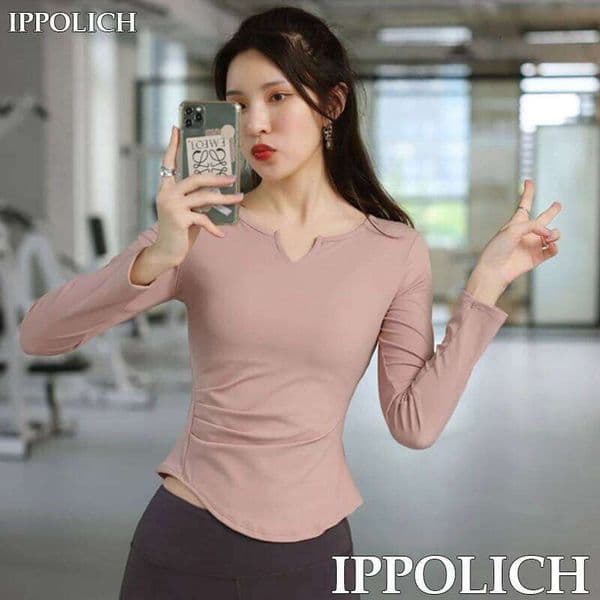 Solid Color Waist Pleated Skin-Friendly Breathable V-Neck Design Yoga Long Sleeve Quick Dry Sport Tops