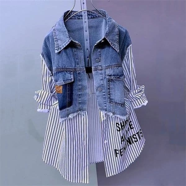 Fashion Denim Shirt Ladies Tops Women Splicing Denim Jacket Spring Autumn Korean Casual Jean Coat Female Windbreaker 250828