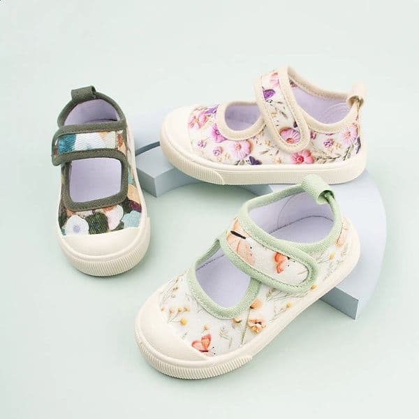 Toddlers Expression Antislippery Patchwork Sneakers Little Girls Adorable Floral Daily Canvas Shoes EKF55 250828