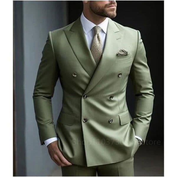 Solid 2 Pieces Men Suits Set Fashion Mens Formal BusinessWedding Groom Lapel Double Breasted Blazer Trousers 250827BJ