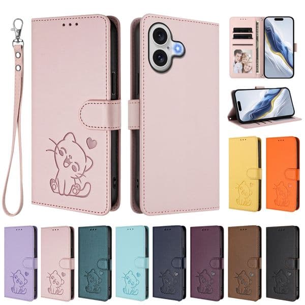 17E Happy Cat PU Leather Flip Cases For Iphone 17 Air 16E 16 15 Plus 14 13 Pro Max 12 11 X XR XS 8 7 Iphone17 Love Heart Credit ID Card Slot Holder Phone Wallet