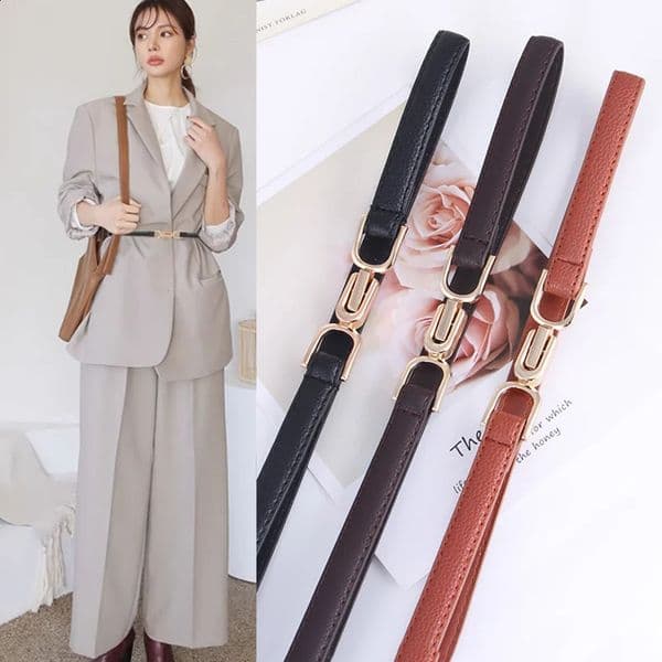 Simple Fashion Womens Leather Skinny Belt for Dress Adjustable Thin Waist with Vintage Golden Buckle Faux Leathe 250821