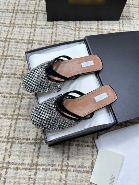 Top Luxury Women Infradito Sandals Shoes Fishnet Leather-trimmed Strass Mules Flats Lady Round Toe Slip On Slides Comfort Footwear Elegant Slippers