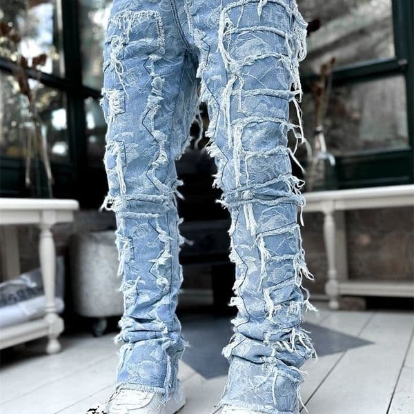 Mens Regular Fit Stacked Jeans Ripped Slim Fit Patch Distressed Destroyed Straight Denim Pants Hip Hop Streetwear Trouser Cloth 250828